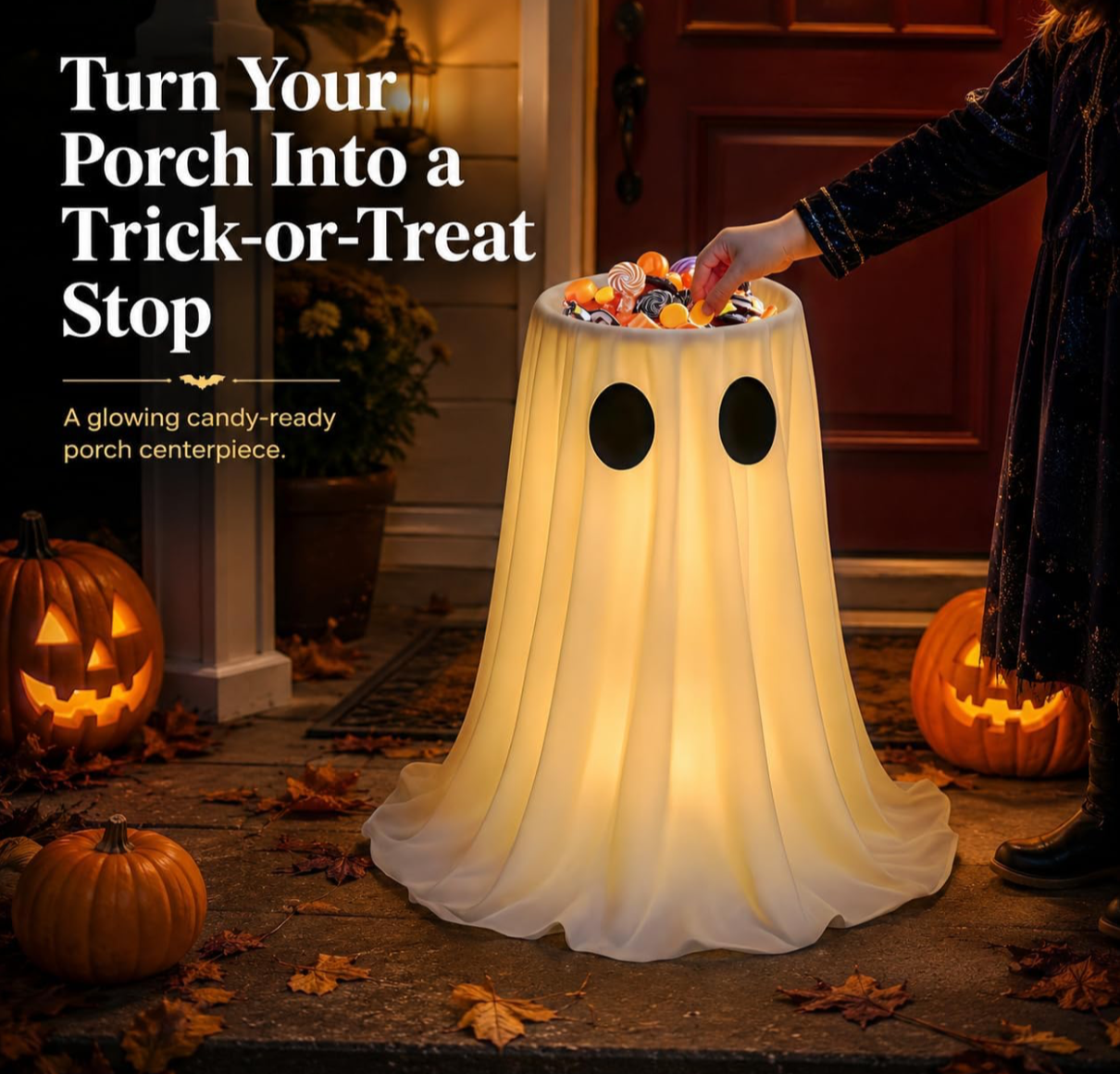 30IN Lighted Ghost Candy Bowl with Timer & Remote
