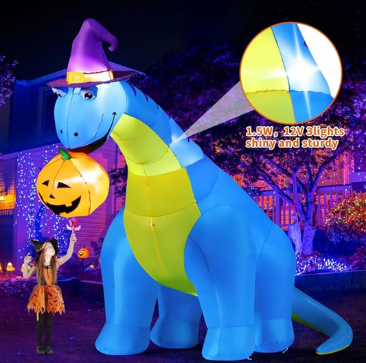 10FT Halloween Inflatable Dinosaur Eating Pumpkin with Shaking Head & LED Lights