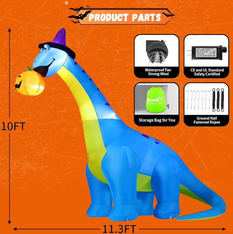 10FT Halloween Inflatable Dinosaur Eating Pumpkin with Shaking Head & LED Lights