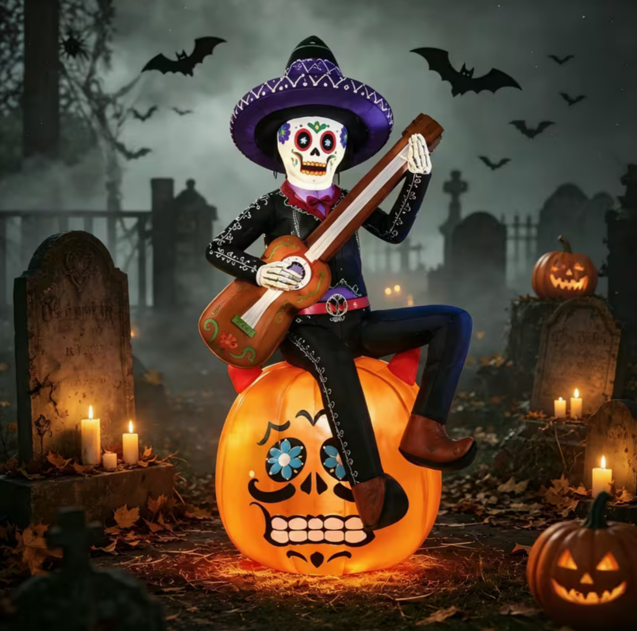 6-Foot Halloween Inflatable Pumpkin & Guitar-Playing Skeleton Outdoor Decoration