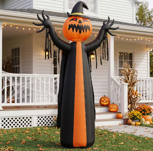 10ft Caped Pumpkin with Rotating Head, 6 LED Lights, Black and Orange, Halloween Inflatable Decoration