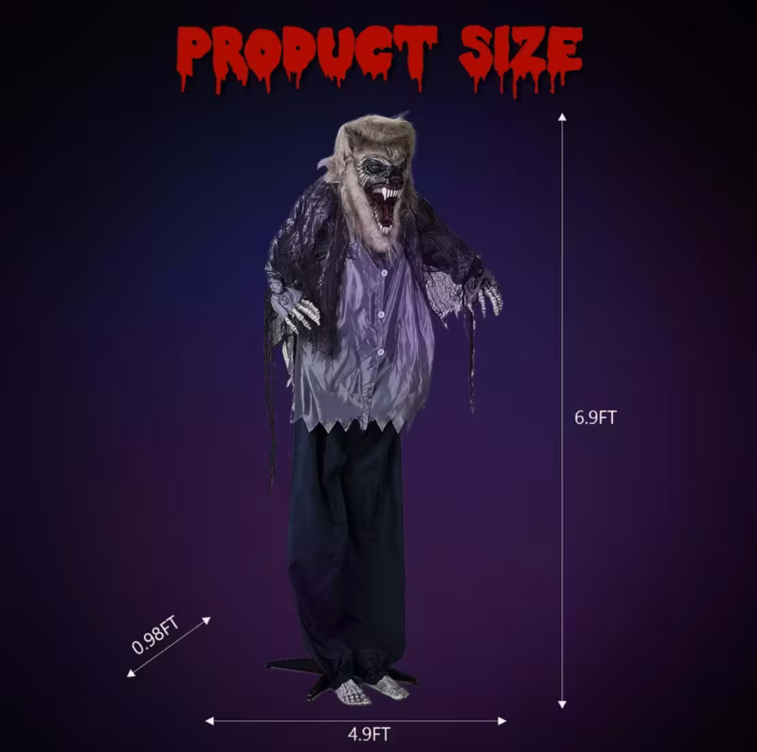 7ft Sound-Activated Animatronic Werewolf – Moving Arms, Glowing Eyes & Howling Halloween Prop