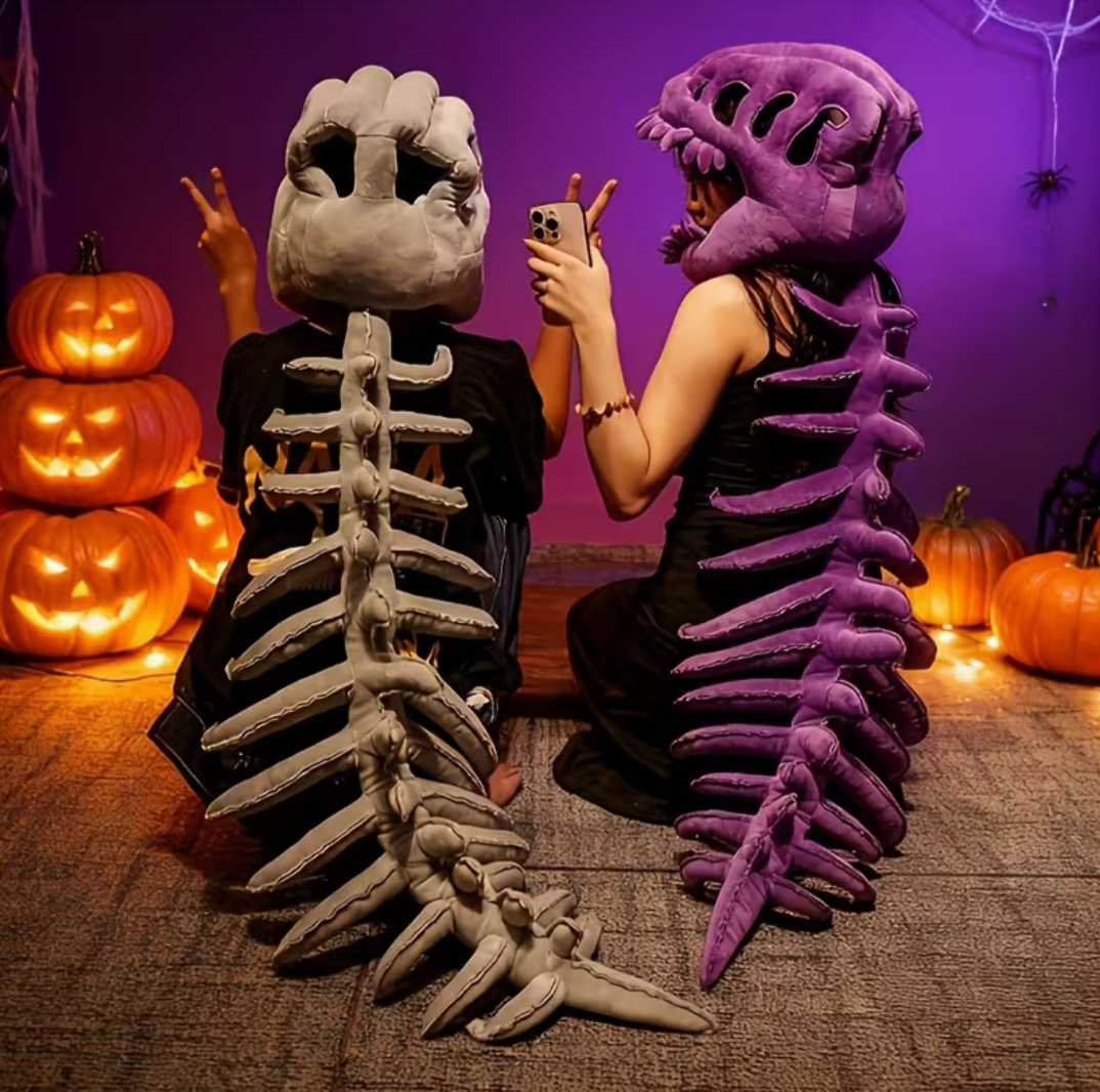 Halloween Dinosaur Skeleton Onesie Costume with Plush Spine & Skull Headband