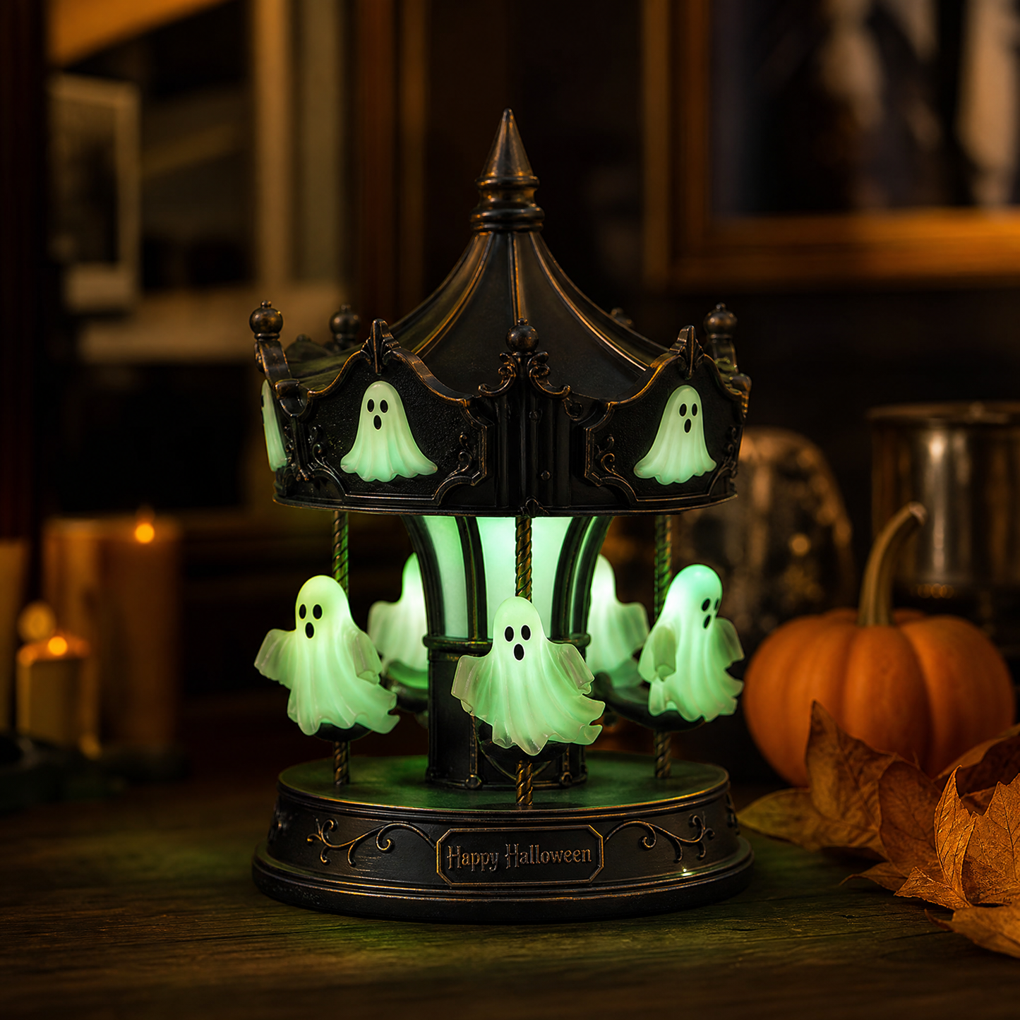 Enchanted Halloween Carousel Lamp with Glowing Figures