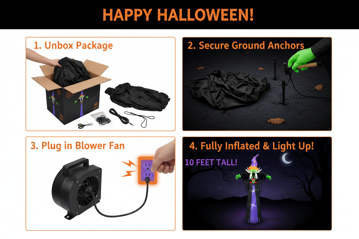 10 Ft Halloween Witch Inflatable - Setup Instructions