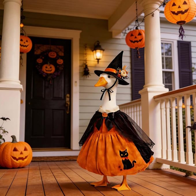 Halloween Porch Goose Outfit — 23" Witch Hat, Pumpkin Dress & Cape