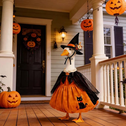 Halloween Porch Goose Outfit — 23" Witch Hat, Pumpkin Dress & Cape
