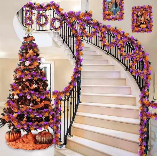 Halloween Tinsel Garland Decoration Set with Pumpkins, Bats & Spiders