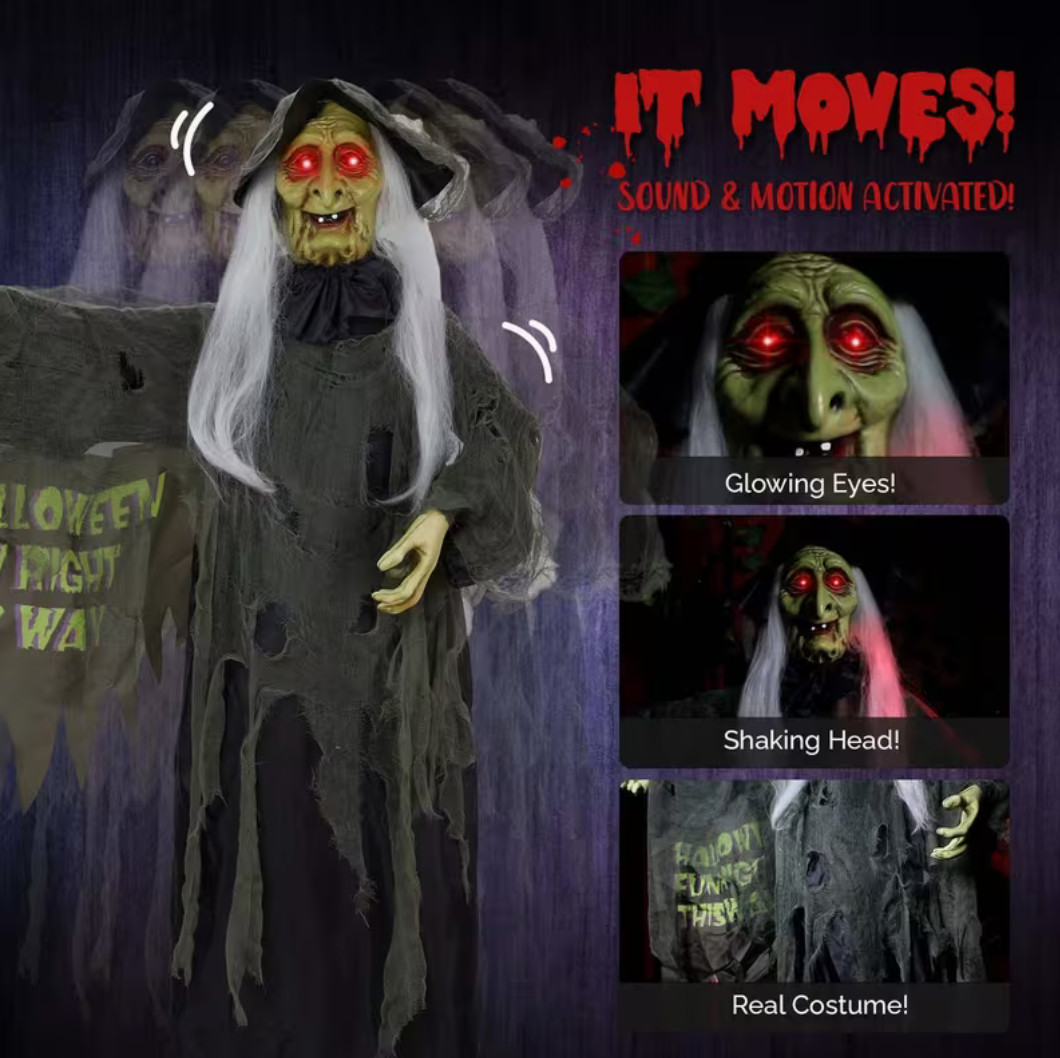6FT Animatronic Halloween Witch with Glowing Red Eyes & Scary Sounds