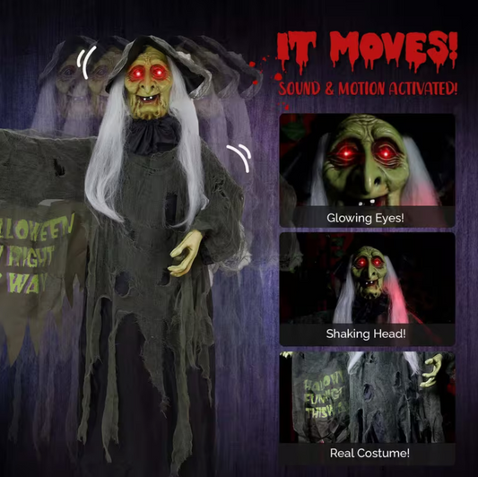 6FT Animatronic Halloween Witch with Glowing Red Eyes & Scary Sounds