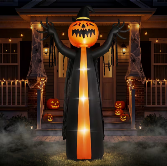 10ft Caped Pumpkin with Rotating Head, 6 LED Lights, Black and Orange, Halloween Inflatable Decoration