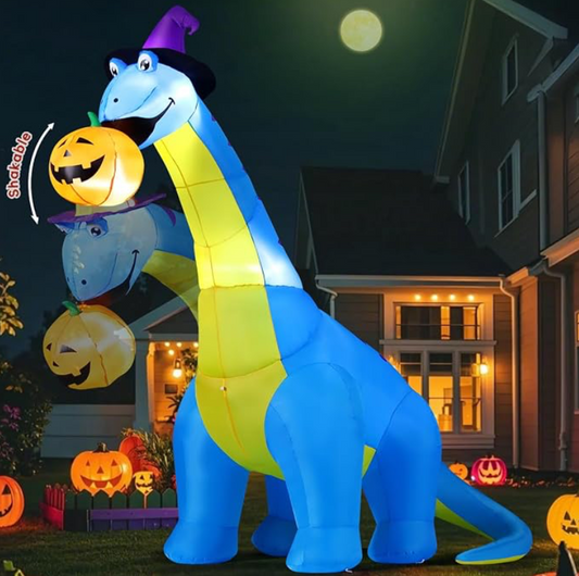 10FT Halloween Inflatable Dinosaur Eating Pumpkin with Shaking Head & LED Lights