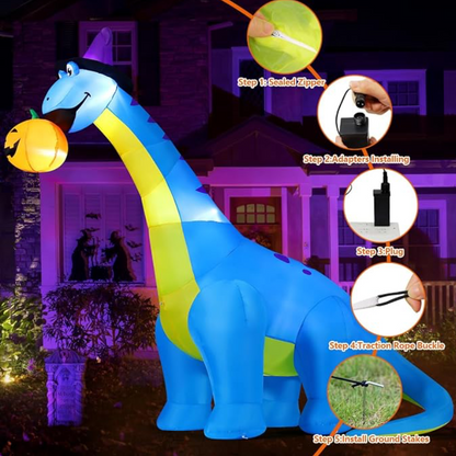 10FT Halloween Inflatable Dinosaur Eating Pumpkin with Shaking Head & LED Lights
