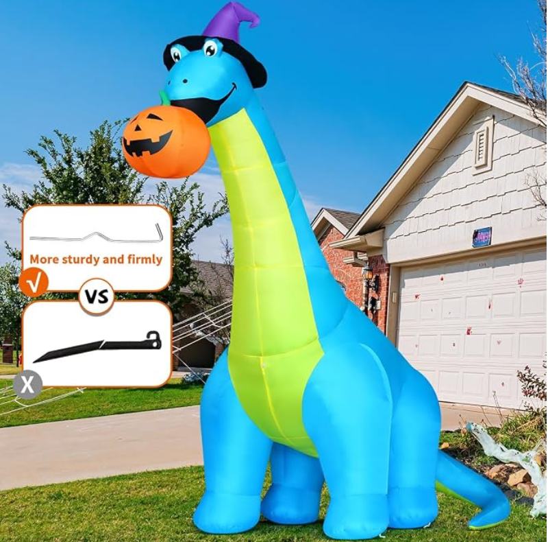 10FT Halloween Inflatable Dinosaur Eating Pumpkin with Shaking Head & LED Lights