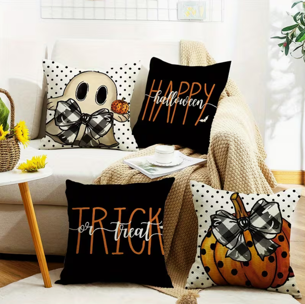Cute Ghost Linen Pillow Covers – Set of 4, 18" Halloween Cushion Covers