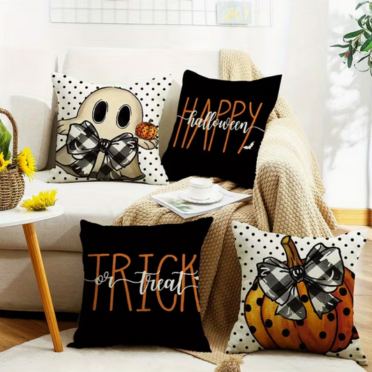 Cute Ghost Linen Pillow Covers – Set of 4, 18" Halloween Cushion Covers