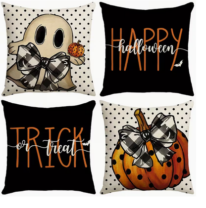 Cute Ghost Linen Pillow Covers – Set of 4, 18" Halloween Cushion Covers