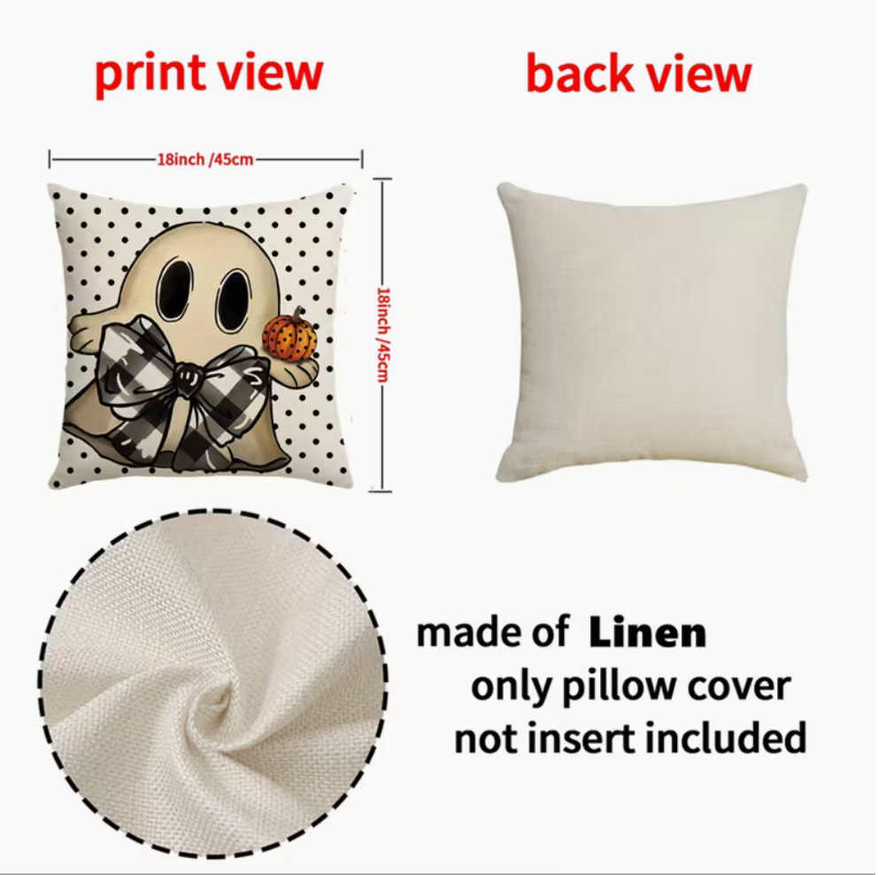 Cute Ghost Linen Pillow Covers – Set of 4, 18" Halloween Cushion Covers