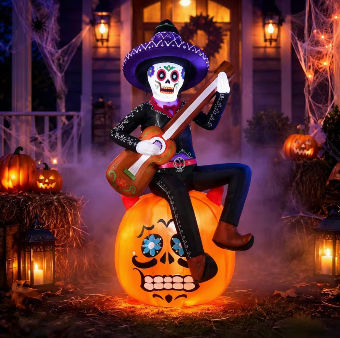 6-Foot Halloween Inflatable Pumpkin & Guitar-Playing Skeleton Outdoor Decoration