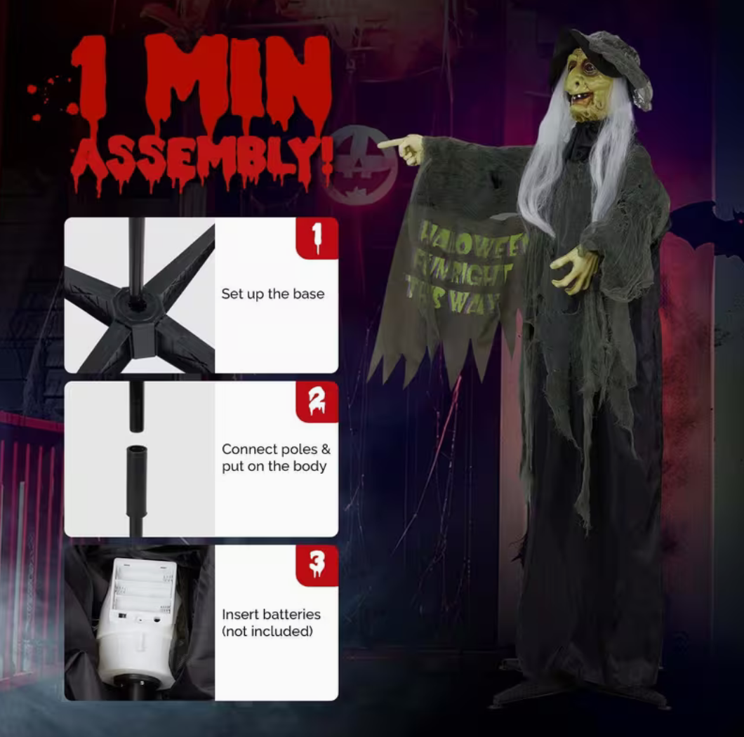 6FT Animatronic Halloween Witch with Glowing Red Eyes & Scary Sounds