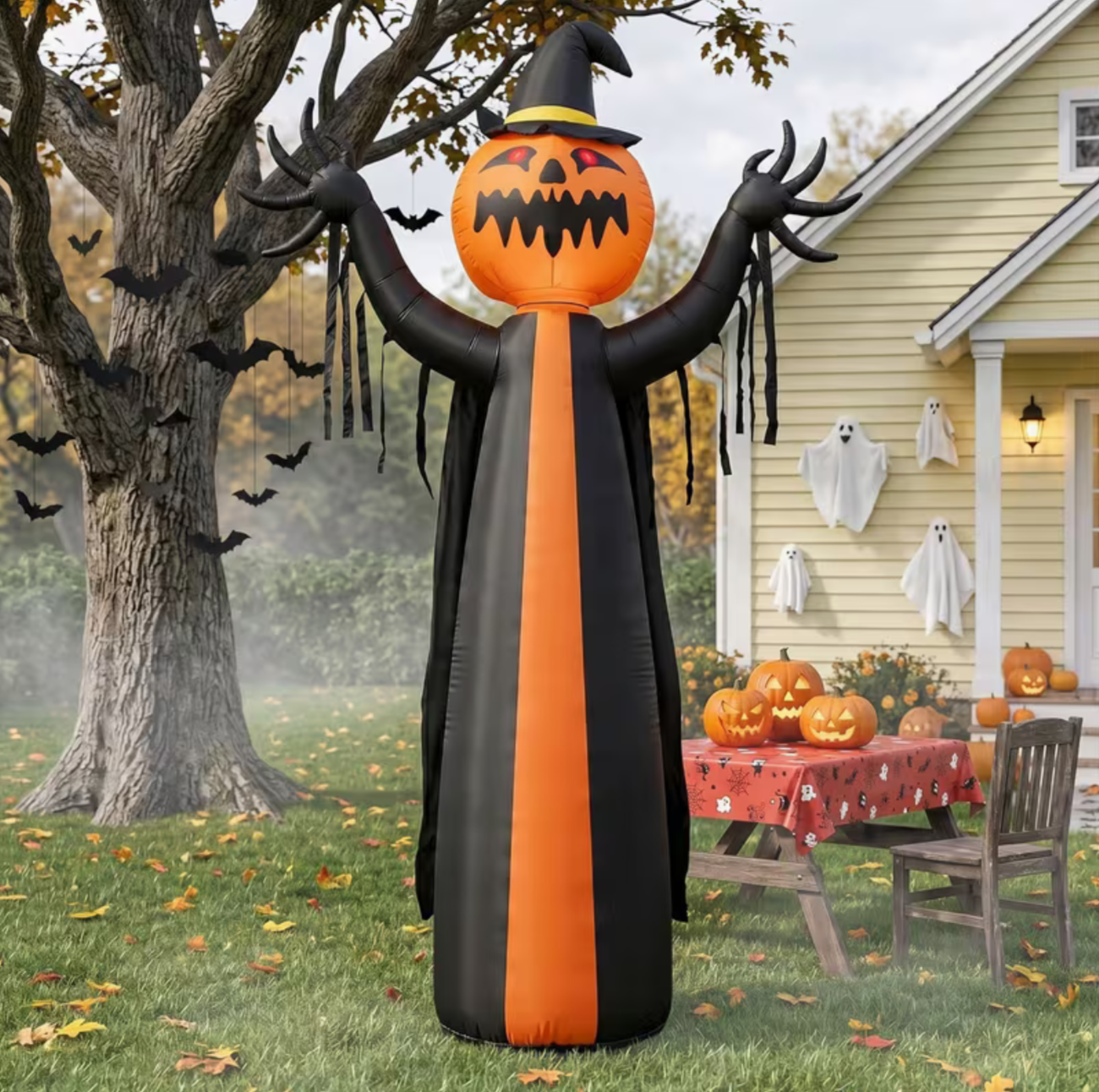 10ft Caped Pumpkin with Rotating Head, 6 LED Lights, Black and Orange, Halloween Inflatable Decoration