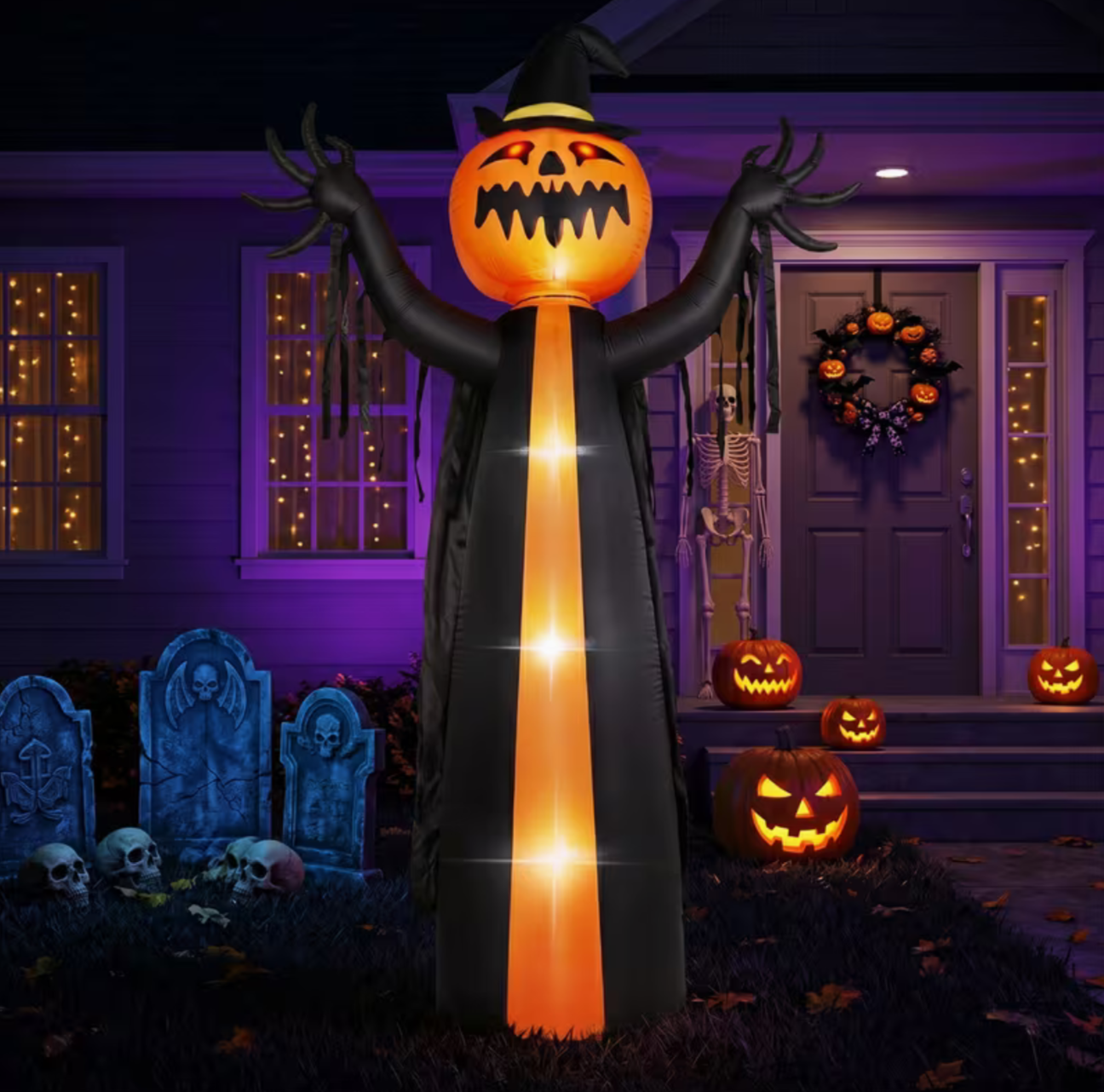 10ft Caped Pumpkin with Rotating Head, 6 LED Lights, Black and Orange, Halloween Inflatable Decoration