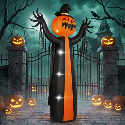 10ft Caped Pumpkin with Rotating Head, 6 LED Lights, Black and Orange, Halloween Inflatable Decoration