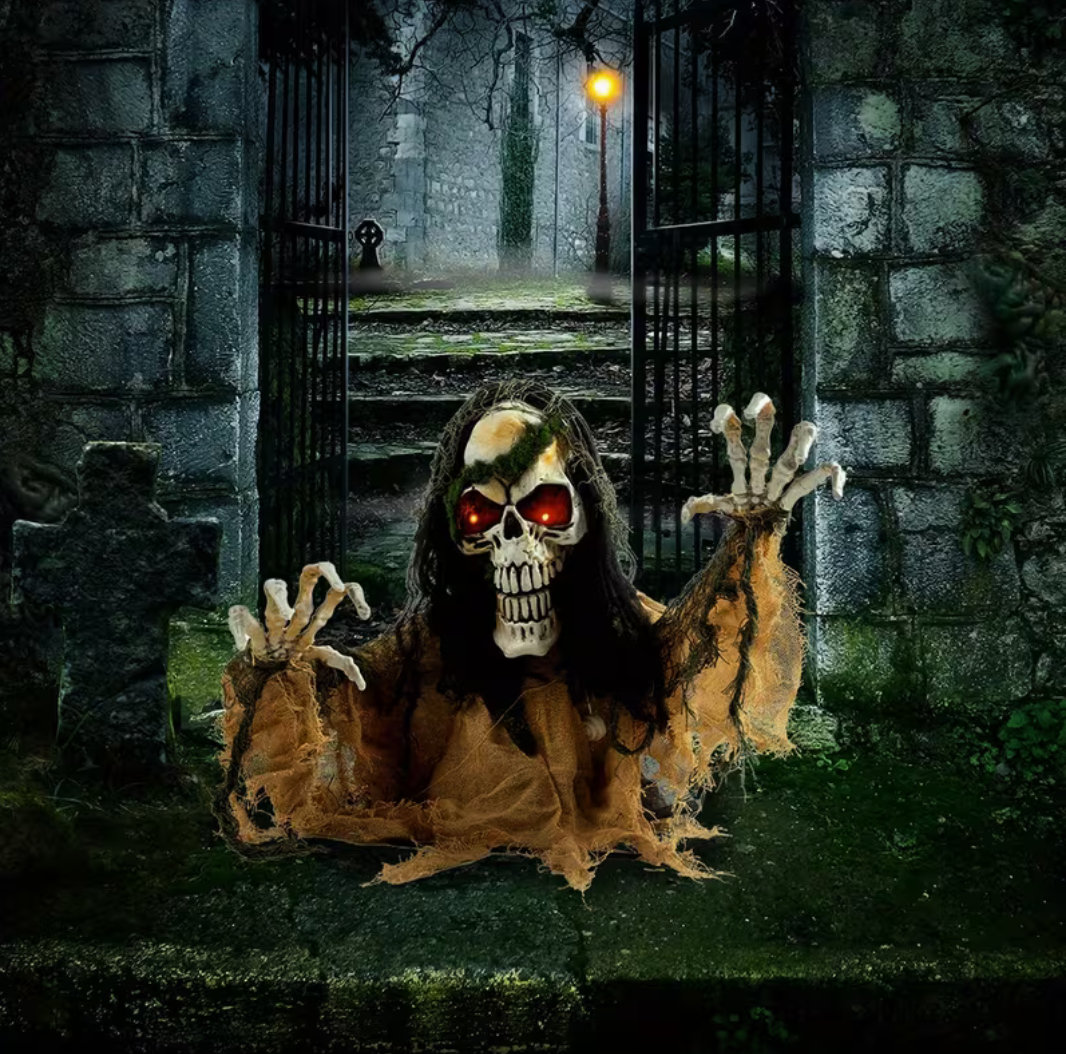 Animated Zombie Groundbreaker Halloween Prop – Light-Up Skeleton with Glowing Eyes & Creepy Sound