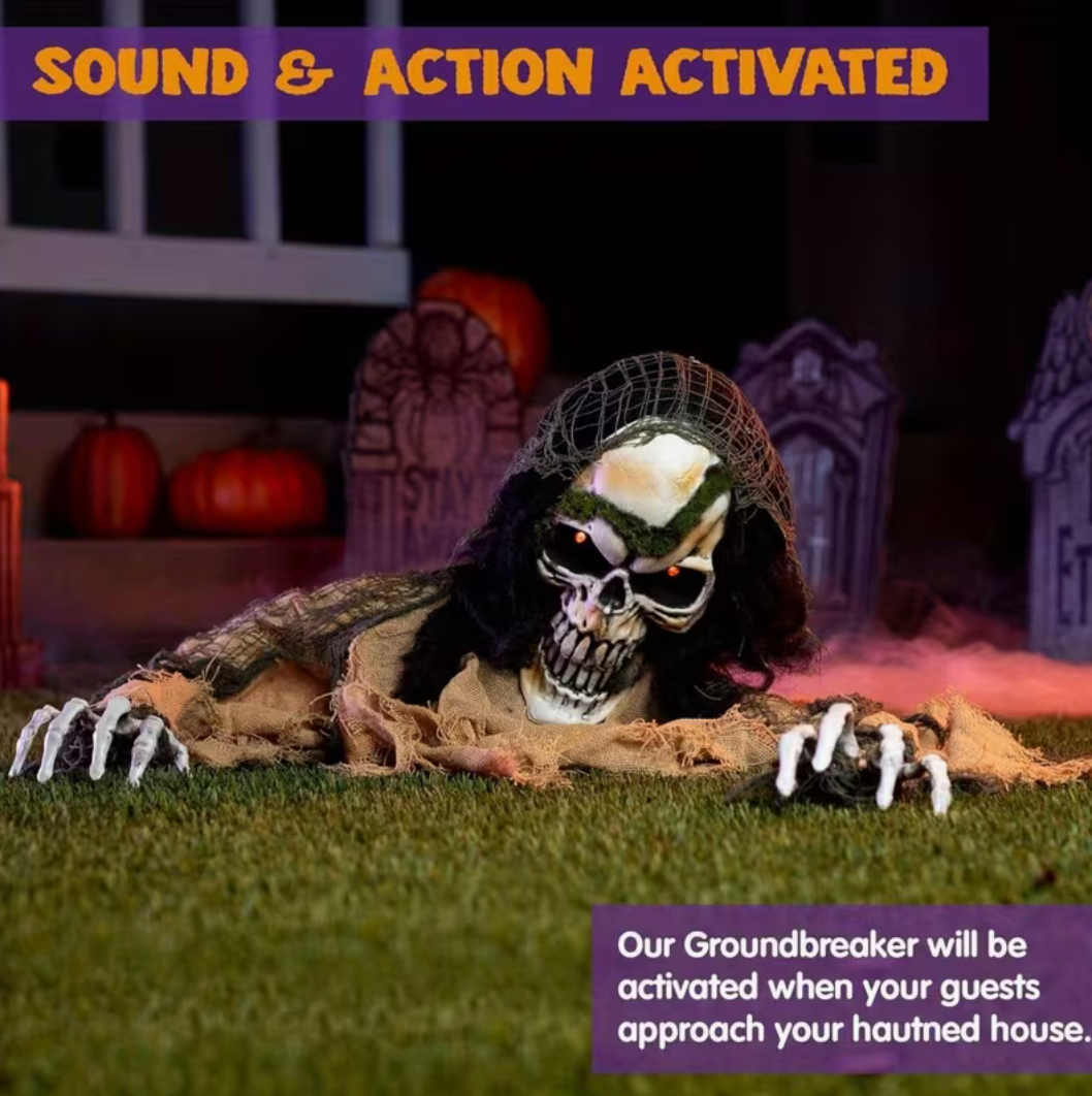 Animated Zombie Groundbreaker Halloween Prop – Light-Up Skeleton with Glowing Eyes & Creepy Sound