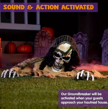 Animated Zombie Groundbreaker Halloween Prop – Light-Up Skeleton with Glowing Eyes & Creepy Sound