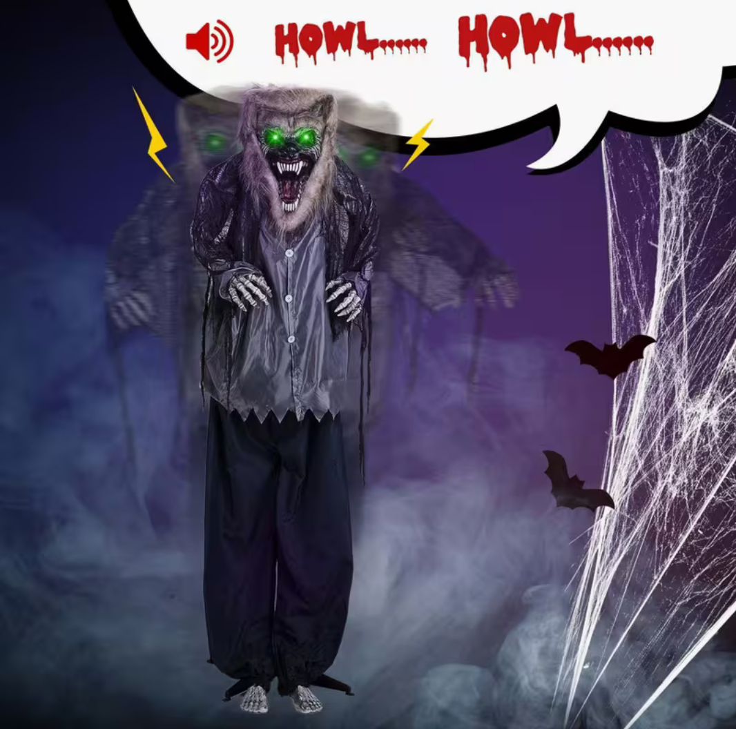 7ft Sound-Activated Animatronic Werewolf – Moving Arms, Glowing Eyes & Howling Halloween Prop