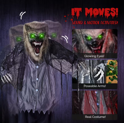 7ft Sound-Activated Animatronic Werewolf – Moving Arms, Glowing Eyes & Howling Halloween Prop
