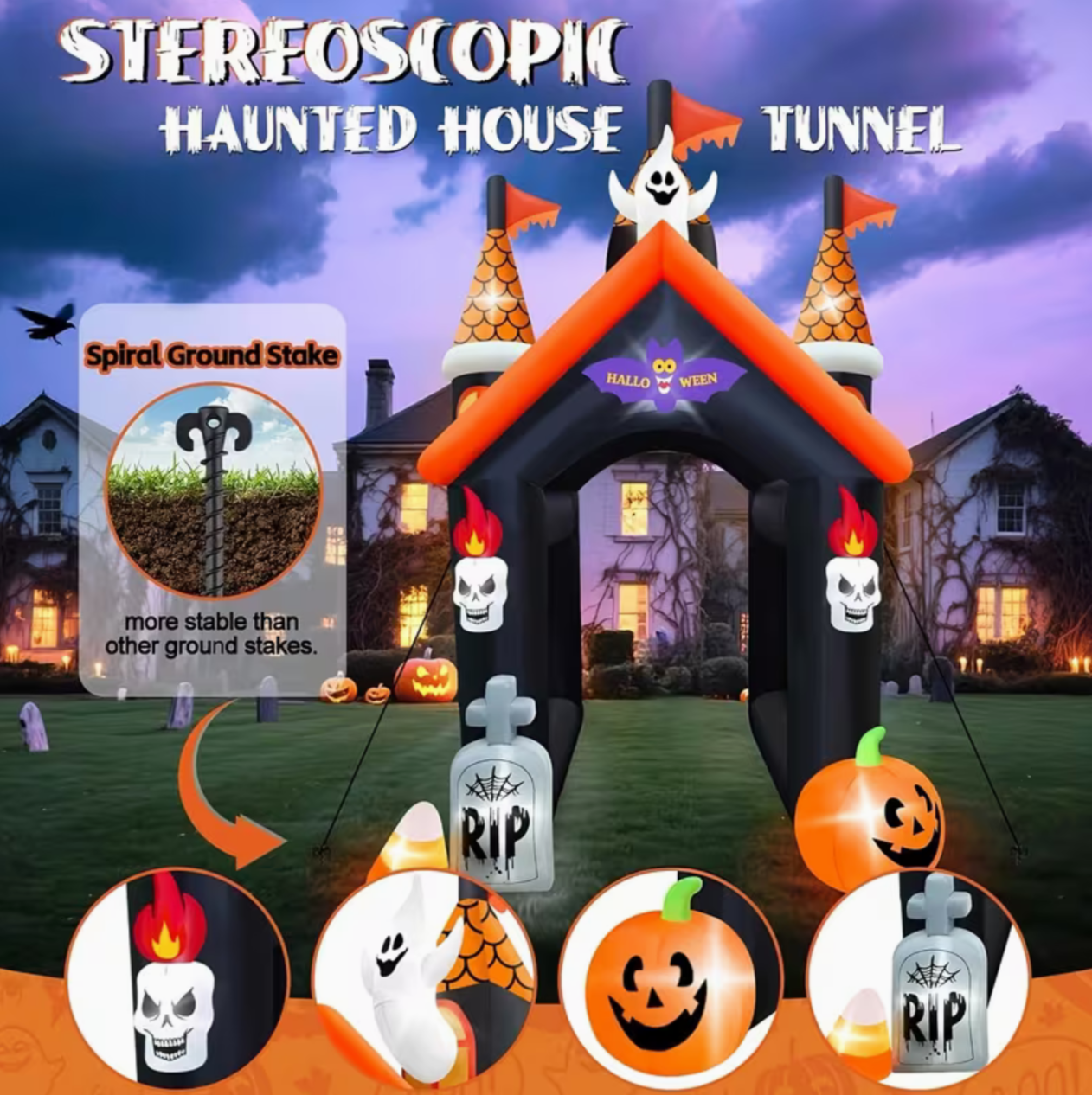 12-Foot Halloween Inflatable Archway with Ghost, Pumpkin & LED Lighting
