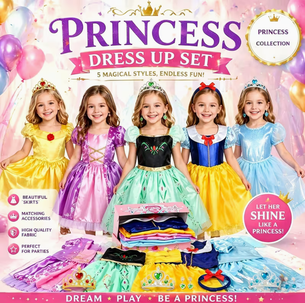 14-Piece Princess Dress Up Costume Gift Set for Toddler Girls