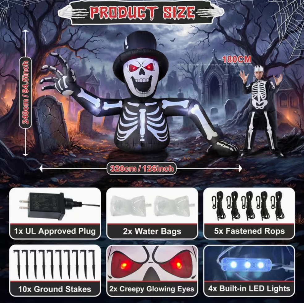 10FT Inflatable Skeleton with Glowing Red Eyes & Built-In LEDs