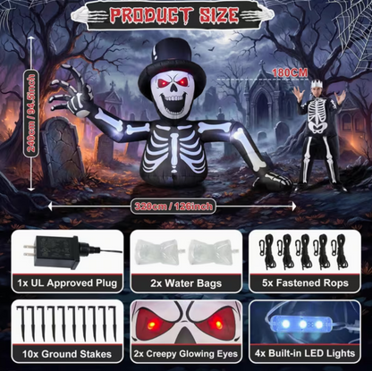 10FT Inflatable Skeleton with Glowing Red Eyes & Built-In LEDs