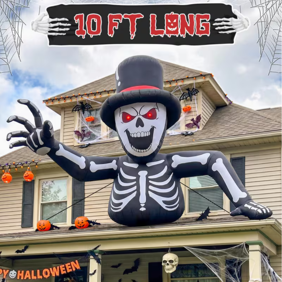 10FT Inflatable Skeleton with Glowing Red Eyes & Built-In LEDs