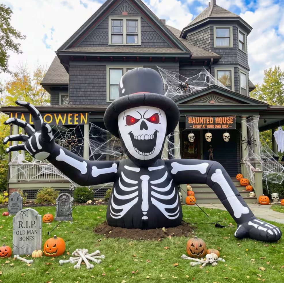 10FT Inflatable Skeleton with Glowing Red Eyes & Built-In LEDs